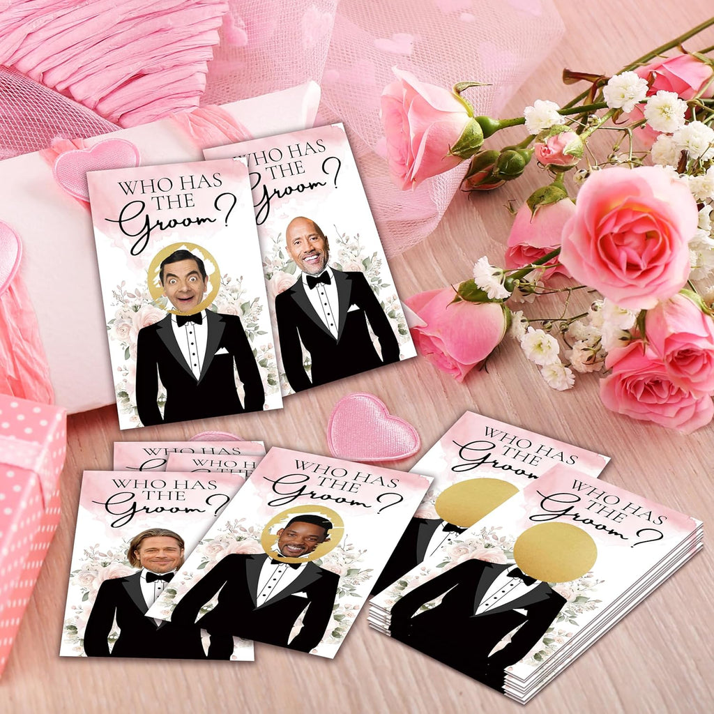 Who Has The Groom Bridal Shower Games, 41 PCcs Pink Floral Scratch Off Cards, 3.5"x 2.1" Funny Bachelorette Party Game Favor Decor, Engagement Party Ideas Activities-A02