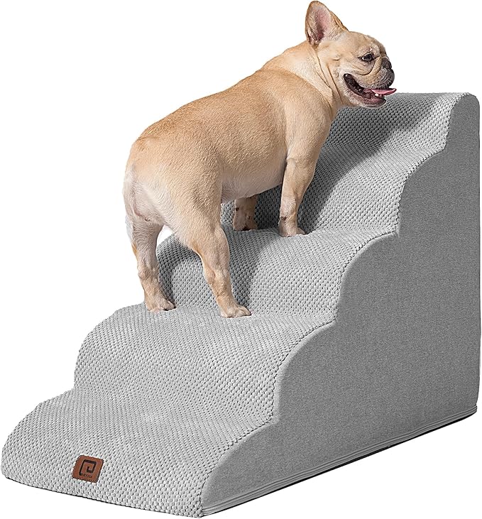 EHEYCIGA Curved Dog Stairs Ramp for High Beds 22.6" H, 5-Step Dog Steps for Small Dogs and Cats, Pet Stairs for High Bed Climbing, Non-Slip Balanced Pet Step Indoor, Light Grey-PawvioPets