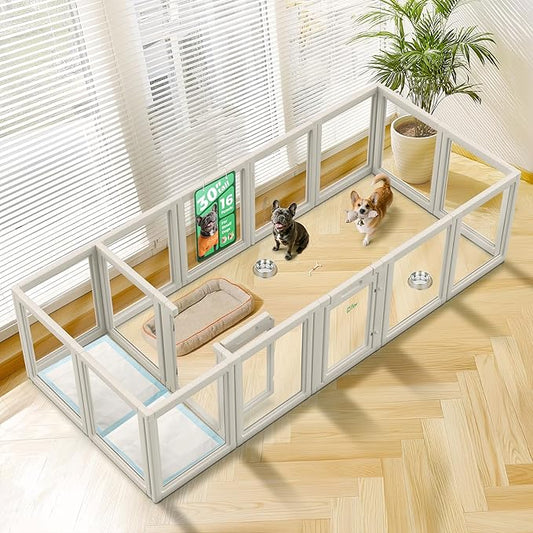 FXW AuraSpace Acrylic Indoor Unleashed Dog Playpen for Small and Medium Dogs, 30 Inch, 16 Panels, White-PawvioPets