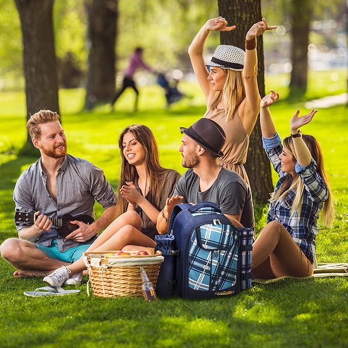 Apollo walker Picnic Backpack Set for 4 with Cooler Compartment,Detachable Bottle/Wine Holder Including Large Picnic Blanket(45"x 53") for Picnic Family and Lovers Gifts,Outdoor,BBQ Time (Blue)-PawvioPets