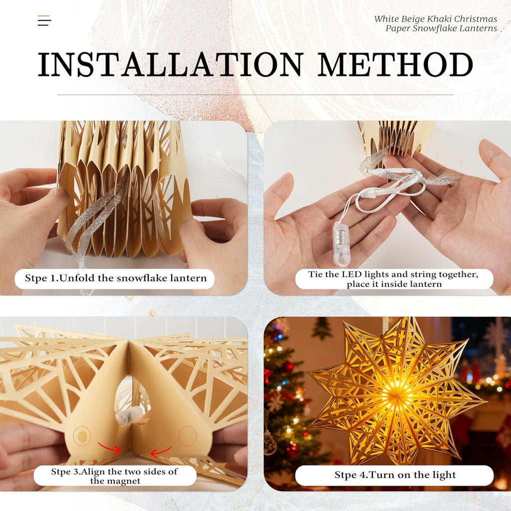 5Pcs Christmas Paper Snowflake Lanterns, Large Christmas Paper Star Lanterns with LED Lights White Beige Khaki Hanging Snowflake Lamps for Xmas Winter Frozen Wedding Birthday Holiday Party Decorations