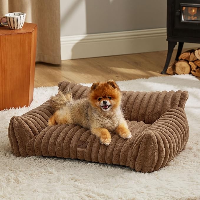 Bedsure Cute Cat Couch for Pets - Fluffy Small Dog Sofa with Premium Soft Corduroy Fleece, Pet Sofa with Removable Washable Cover, Supportive Dog Couch Bed for Small Medium Dogs, 30inch, Copper Brown-PawvioPets
