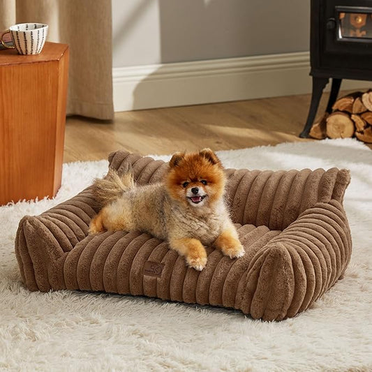 Bedsure Cute Cat Couch for Pets - Fluffy Small Dog Sofa with Premium Soft Corduroy Fleece, Pet Sofa with Removable Washable Cover, Supportive Dog Couch Bed for Small Medium Dogs, 30inch, Copper Brown-PawvioPets