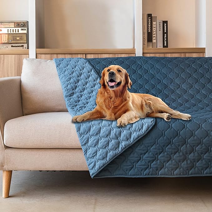 gogobunny 100% Double-Sided Waterproof Dog Bed Cover Pet Blanket Sofa Couch Furniture Protector for Puppy Large Dog Cat, Reversible (82x82 Inch (Pack of 1), Dark Blue/Light Blue)-PawvioPets