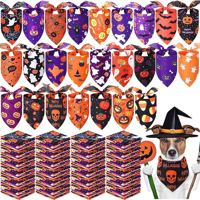 Abbylike 200 Pcs Halloween Dog Bandanas Bulk Pumpkin Bandanas for Dogs Pets Triangle Kerchief Bibs Scarf for Halloween Costume Photo Props Accessories Pet Shops Adoption Events Groomers, 25 Styles-PawvioPets