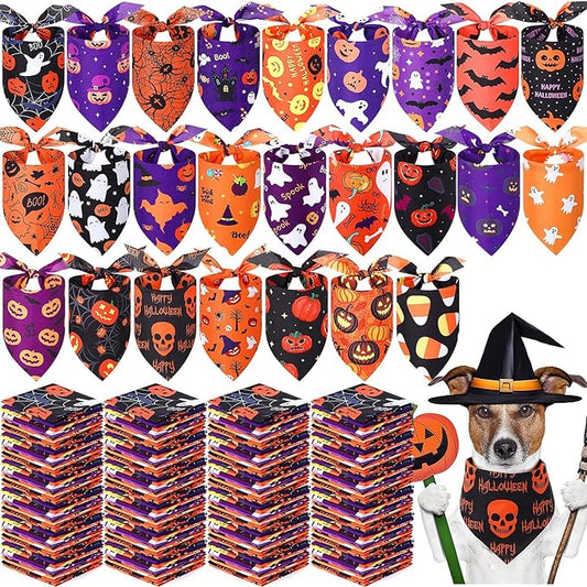 Abbylike 200 Pcs Halloween Dog Bandanas Bulk Pumpkin Bandanas for Dogs Pets Triangle Kerchief Bibs Scarf for Halloween Costume Photo Props Accessories Pet Shops Adoption Events Groomers, 25 Styles-PawvioPets
