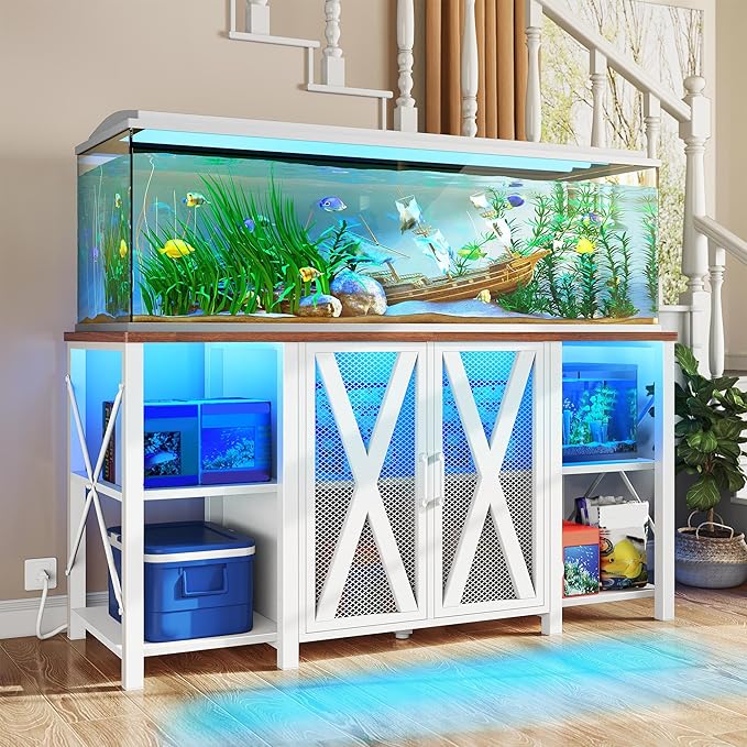 DWVO 75-120 Gallon Aquarium Stand with Power Outlet & LED Light, Cabinet for Accessories Storage - Heavy Duty Metal Fish Tank Stand Suitable for Turtle Tank, Reptile Terrarium, 2000LBS Capacity, White-PawvioPets