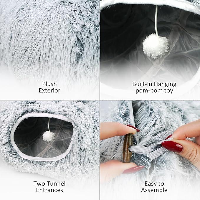 Cat Donut Bed with Washable Cushion – Cat Caves for Indoor Cats – Collapsible Donut Bed with Peekaboo Pet Tunnel & Tunnel Toy – Cozy Hideout for Kittens, Ferrets, Rabbits & Dogs – Grey-PawvioPets