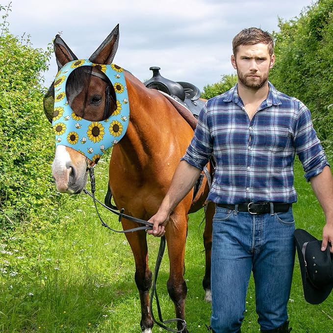 Frienda 4 Pieces Horse Fly Masks with Ears Face Covering UV Protection from Insect Pests Elasticity Smooth Comfortable Mesh Horse Mask Accessories(Flower,Medium)-PawvioPets