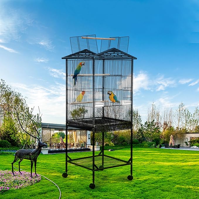 Bird Cage 47 inch Wrought Iron Parakeets Cage with Play Open Top and Rolling Stand Medium Small Bird Cage for Parrots, Budgerigars, Parakeets, Cockatiels, Lovebirds-PawvioPets