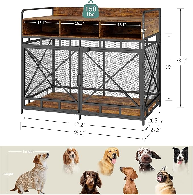 Dog Crate Furniture, 48" Heavy Duty Wooden Dog Crate End Table, XL Dog Kennel Furniture Large Breed, Decorative Dog Kennel Indoor with 3 Drawers & Steel Tubes 48" L x28 W x38 H (Rustic Brown)-PawvioPets