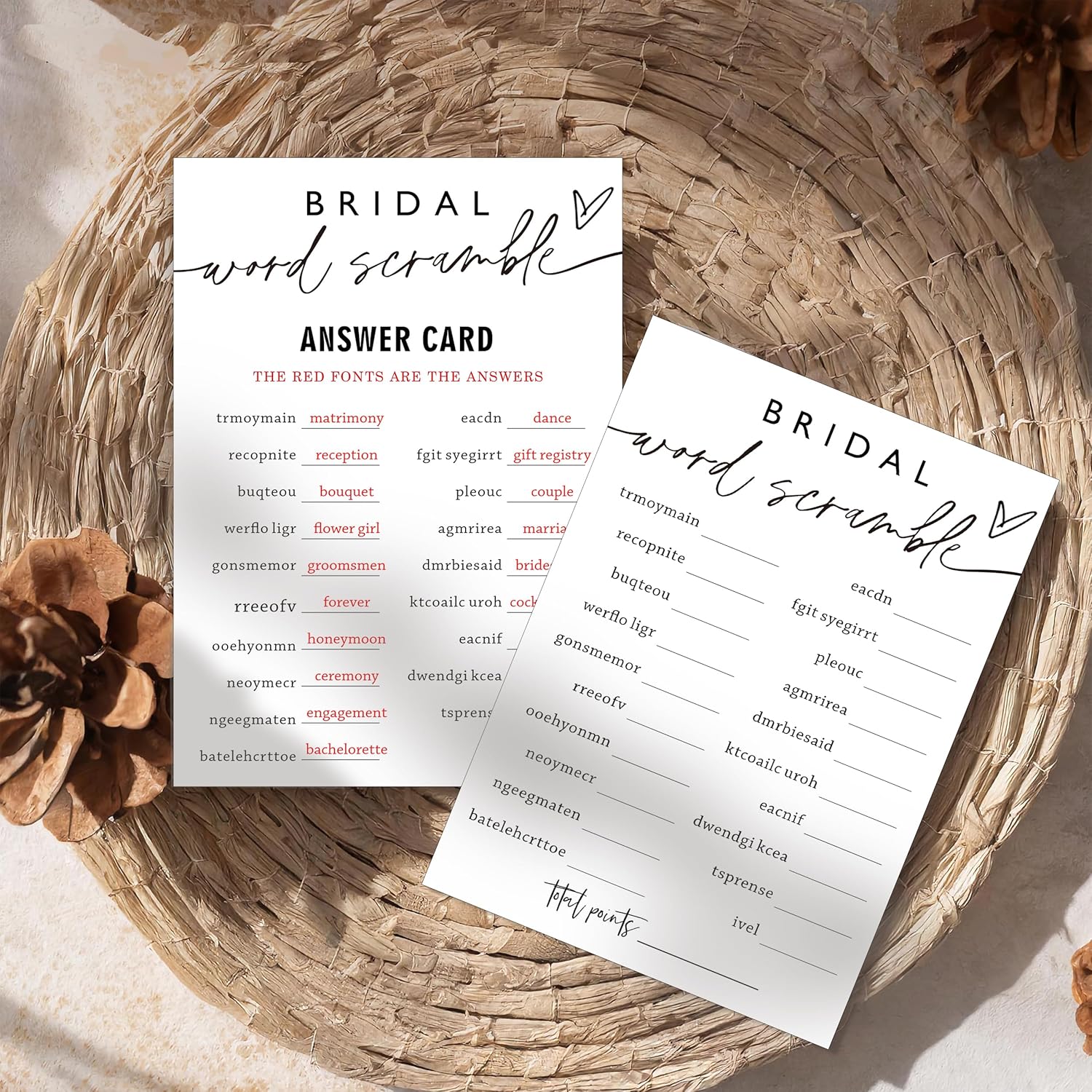 Fun Wedding Shower Games Bridal Word Scramble who knows the bride best 25 Game Cards with 1 Answer Card Bridal Shower Game Rustic Ideas Activity for Engagement Wedding Party Entertainment - A03