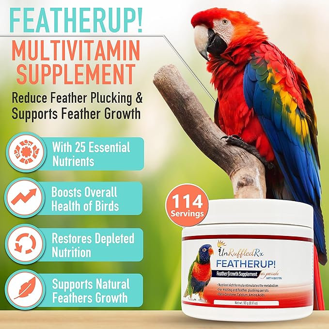 FeatherUp! Bird Vitamins with Biotin for Beautiful Plumage - Feather Growth Supplements for Parrots - 90 gm - 240 Servings-PawvioPets