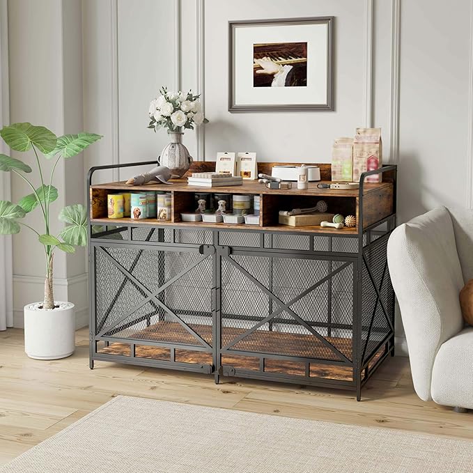 Dog Crate Furniture, 48" Heavy Duty Wooden Dog Crate End Table, XL Dog Kennel Furniture Large Breed, Decorative Dog Kenne Indoor with 3 Drawers & Steel Tubes 48" L x28 W x36 H (Rustic Brown)-PawvioPets