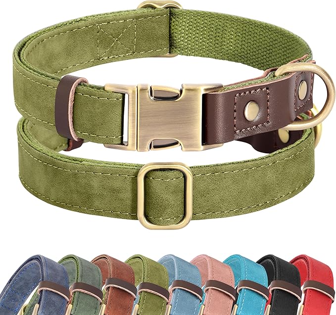 Didog Soft PU Leather Dog Collars for Medium Dogs,Classic Adjustable Dog Collars with Quick Release Metal Buckle,Easy Clean and Comfortable with Nylon Lining,Olive Green,M Neck 13-19"-PawvioPets