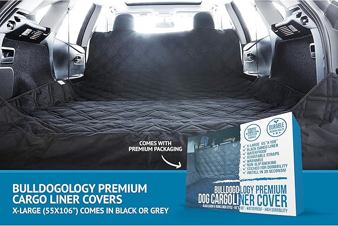 Bulldogology SUV Cargo Liner for Dogs 55"x106" Heavy Duty Pet Trunk Cargo Cover - Dog Car Seat Cover Waterproof Nonslip - Dog Hair, Muddy Paws, Scratches Cover Protector for Cars Vans (X-Large, Black)-PawvioPets