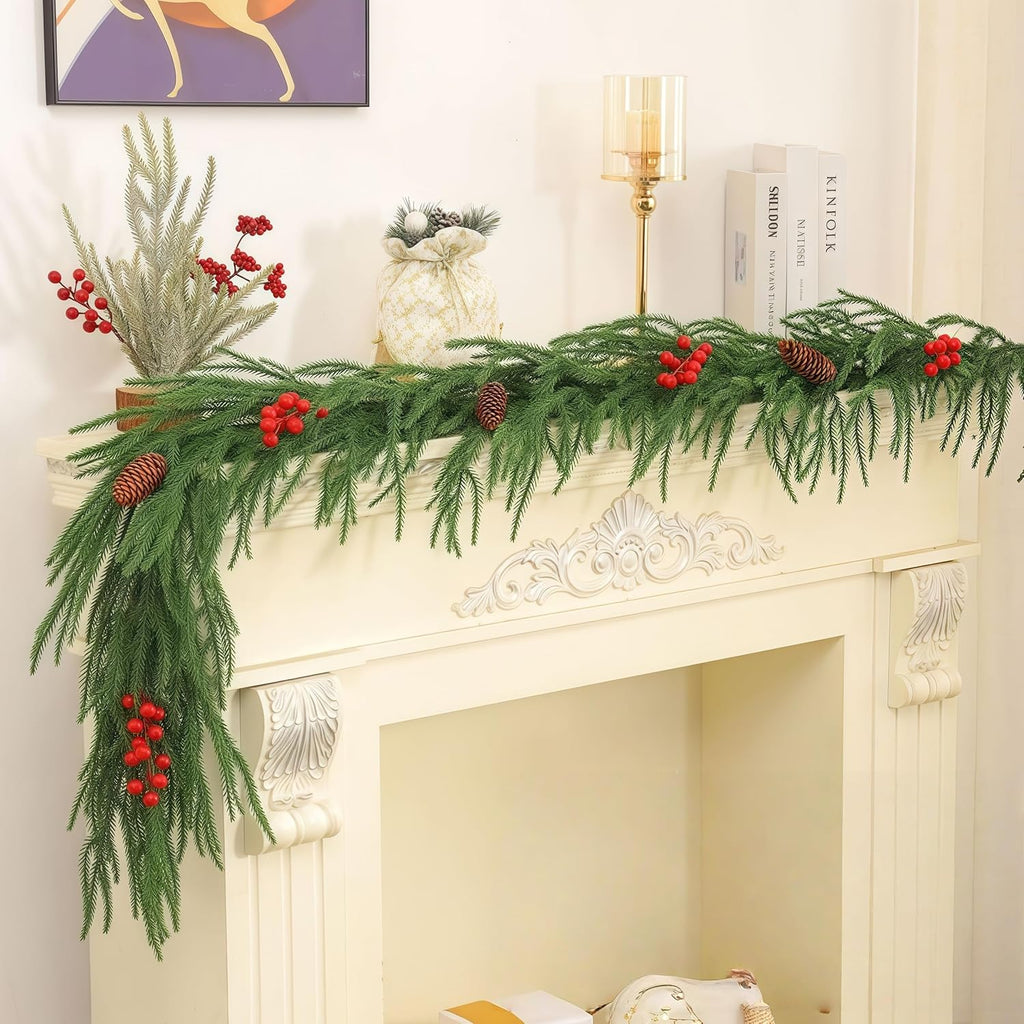 Christmas Decorations Artificial Norfolk Pine Garlands 9FT, 4Pcs Real Touch Winter Pine Garland, Green Artificial Greenery Garland for Table, Mantle, Wall, Indoor, Outdoor Decorations