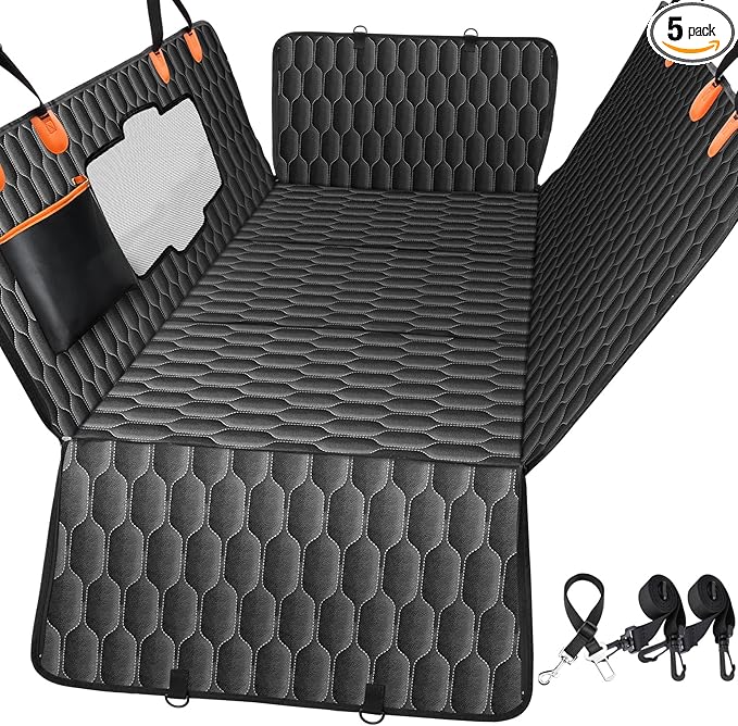 Back Seat Extender for Dogs-Supports 400lb,Hard Bottom Dog Car Seat Cover for Back Seat -Detachable,Scratch Proof Nonslip,Dog Hammock for Car,Truck with Anti-Slip Dispensing-PawvioPets