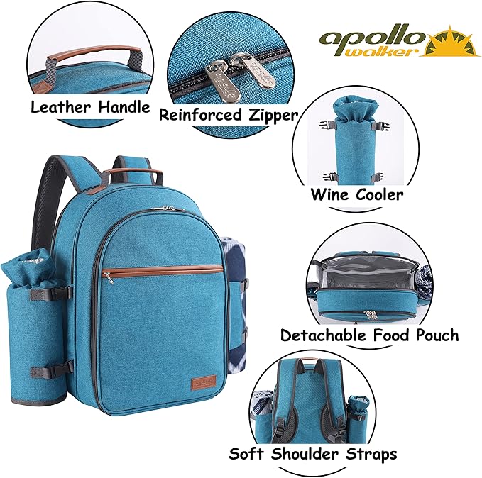 Apollo Walker Picnic Backpack Set for 2 Person with Cooler Compartment, Detachable Bottle/Wine Holder, Fleece Blanket, Plates and Cutlery Set (Teal)-PawvioPets
