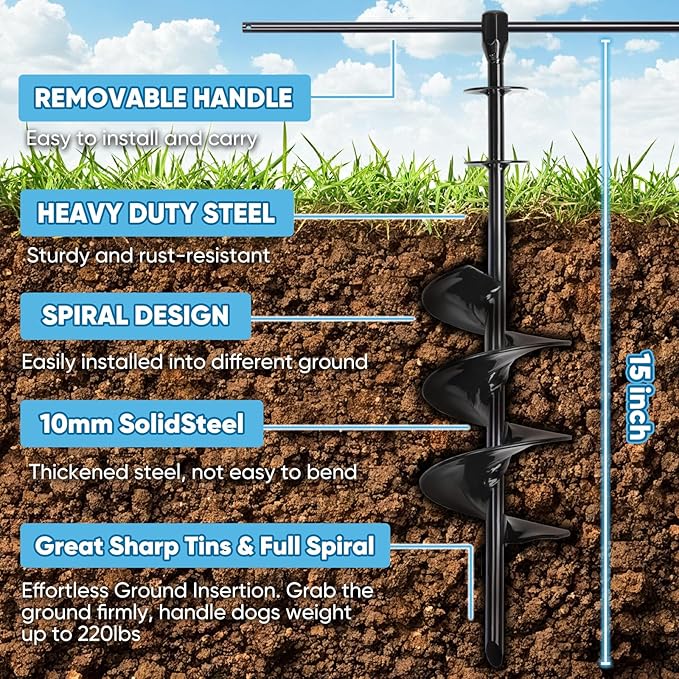 Dog Tie Out Stake for Large Dogs – Heavy Duty In-Ground Dog Anchor up to 210 lbs – Secure Tether Stake for Yard, Camping & Beach – Easy Install with Tool, Works with Tie Out Cable & Leash, Black-PawvioPets