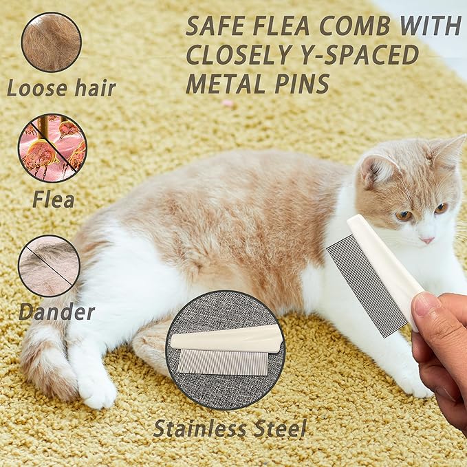 Cat Grooming Brush Kit 6 Tools - Deshedding & Dematting for Long/Short Hair, Self-Cleaning Slicker Brush with 6-in-1 Flea Comb for Cats & Kittens (White)-PawvioPets