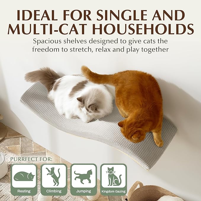 Extra Large 35.4” × 11.6” Stylish Cat Wall Shelves with Soft Cushion, Modern Wall-Mounted Cat Tree Furniture & Perch, Sturdy/Hidden Mounts, Machine Wash Cover, Sleek Design- CALLICO HAVEN Wave S-Shape-PawvioPets
