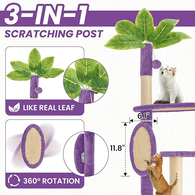 55 Inch Large Cat Tree Tower for Indoor Cats with Hammock Green Leaves Sisal Scratching Post, Plush Hang Ball Play Furniture for Kittens & Adult Cats, New Purple-PawvioPets
