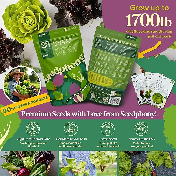 23 Lettuce & Salad Greens Seeds Variety Pack - 25,000+ Non-GMO Heirloom Greens Seeds for Planting Lettuce Indoor & Outdoor: Arugula, Mizuna, Kale, Spinach, Swiss Chard, Mache & More Lettuce Seeds-PawvioPets