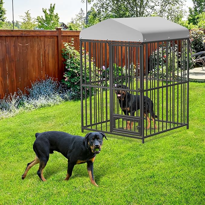 4x4x6 FT Outdoor Dog Kennel,Heavy-Duty Enclosures Outside with UV-Resistant Waterproof Roof Cover and Lock,for Medium and Large Dogs,Easy Assembly-PawvioPets