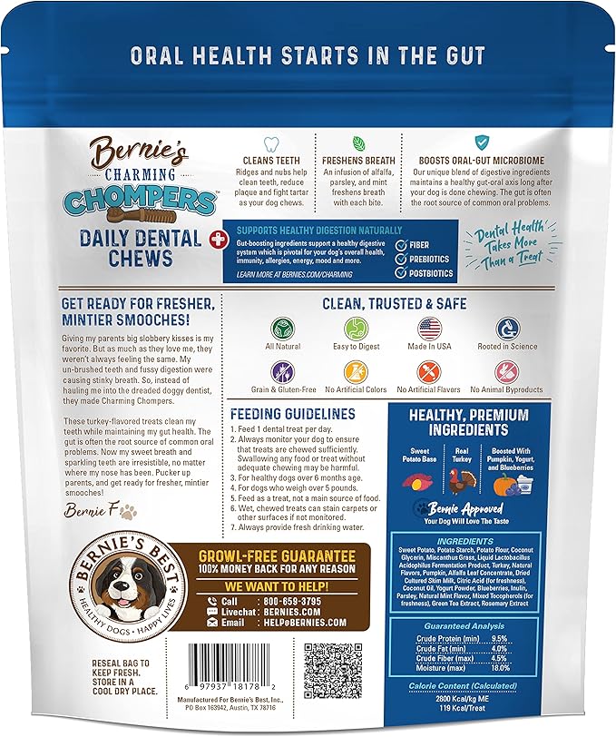 Bernie's Charming Chompers - Daily Dental Chews for Dogs 50-100 Lbs. - 12 Count - Cleans Teeth, Freshens Breath, + Boosts Oral-Gut Microbiome. Easy to Digest, Supports Healthy Digestion Naturally-PawvioPets