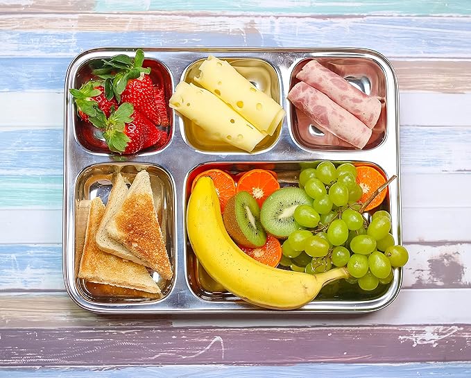 Extra Large Premium Stainless Steel Dinner Plates, 5 Compartments, Set of 2 | Eco Friendly Dinnerwear for Camping, Portion Control, Meal Prep, Lunch, and Party-PawvioPets