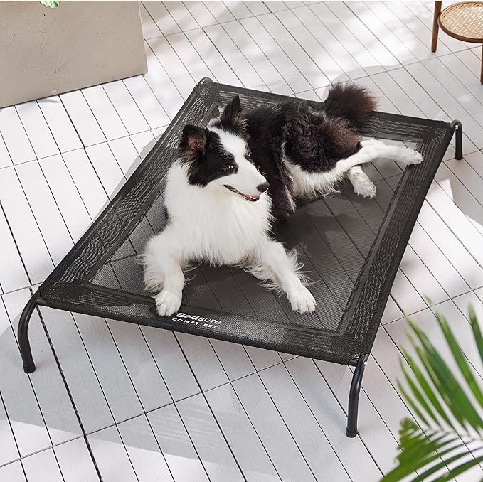 Bedsure Outdoor Elevated Dog Bed Large Sized Dog, Portable Indoor & Outdoor Cooling Raised Cot Pet Hammock Bed with Skid-Resistant Feet, Frame with Breathable Mesh, Black, 49 inches-PawvioPets