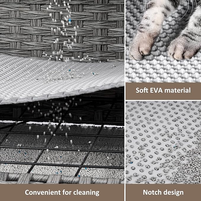 Cat Litter Box Enclosure with Soft Litter Mat; Hidden Kitten Washroom Furniture with Door; Handwoven Rattan Cat House with Large Space; Pet Crate for Living Room, Bedroom, Balcony (Grey)-PawvioPets