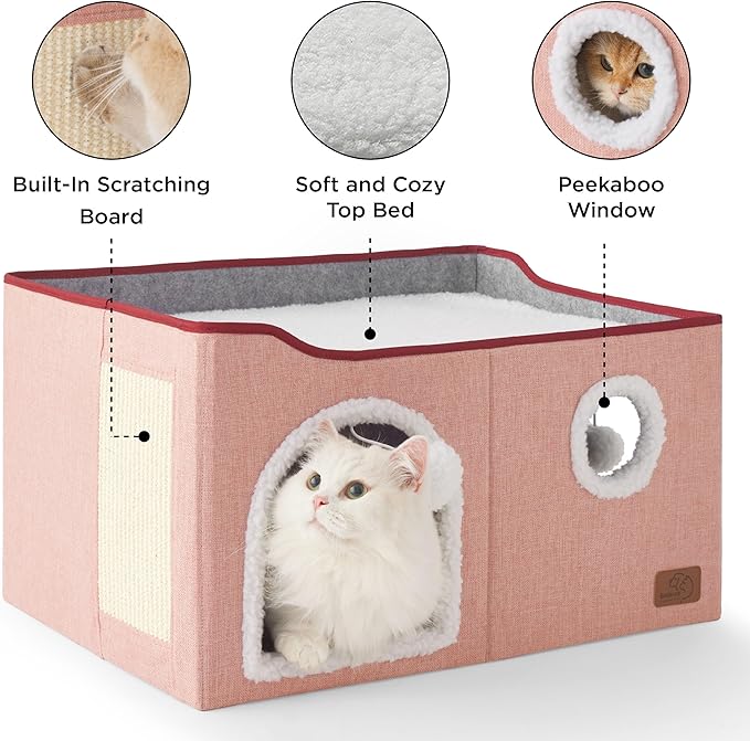 Bedsure Large Cat Beds for Indoor Cats - Extra Wide Cat Cube House for Small Pet with Fluffy Ball Hanging and Scratch Pad, Foldable Pet Cave Hideaway for Multiple Cats, 23.6x16.9x13 inches,Pink-PawvioPets