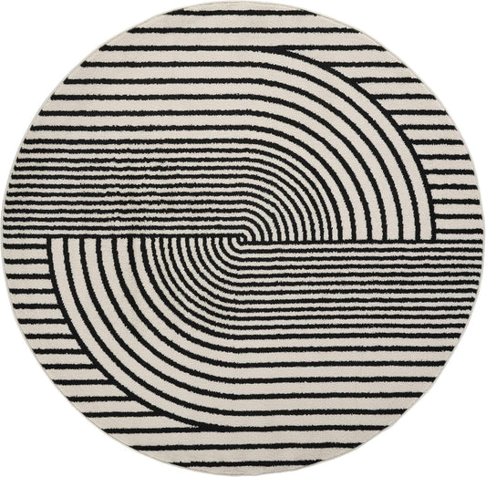 Abani Nuevo Collection Area Rug - Mid-Century Black and White Arch Knot Design - 6' Round - for Living Room, Bedroom & Office