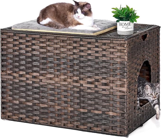 Cat Litter Box Enclosure with Litter Trapping Mat; Handwoven Plastic Rattan Kitten House; No Installation Hidden Cat Washroom; Pet Crate for Balcony,Bedroom,Living Room-PawvioPets
