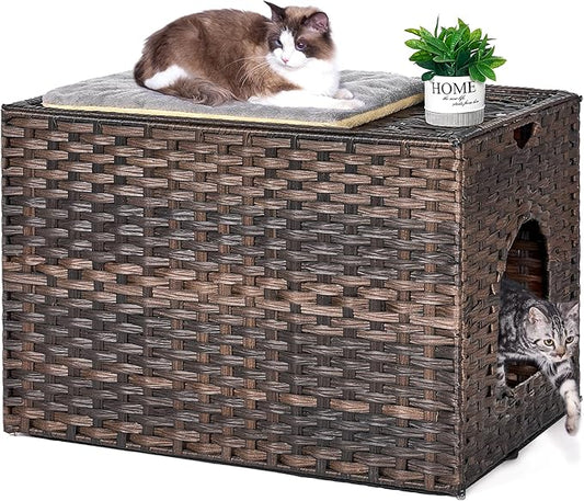 Cat Litter Box Enclosure with Litter Trapping Mat; Handwoven Plastic Rattan Kitten House; No Installation Hidden Cat Washroom; Pet Crate for Balcony,Bedroom,Living Room-PawvioPets