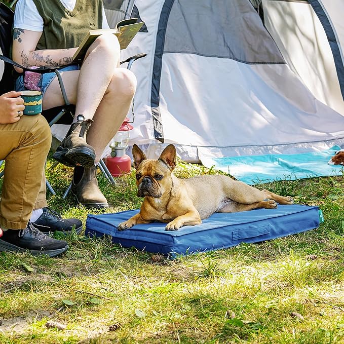 FurHaven Cooling Dog Bed – Medium Foam Mattress for Joint Pain Relief, Waterproof Liner, Removable Washable Cover, Durable for Outdoor Use, Deluxe Grid Indoor/Outdoor Bed – Blue, Medium-PawvioPets