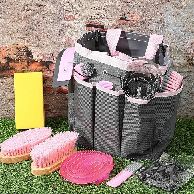 Abbylike 12 Pieces Horse Grooming Kit with Organizer Tote Bag Tack Room Supplies Horse Brush Sets Equine Care Cleaning Kit Shedding Grooming Massaging Tools(Pink and Grey)-PawvioPets