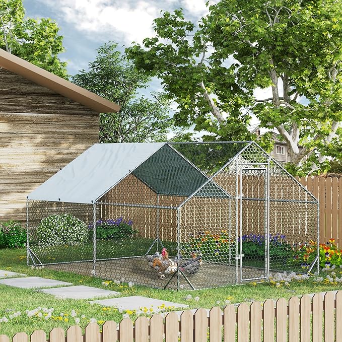 4ever2buy Large Metal Chicken Coop with Run Walk-in Poultry Cage Chicken Runs House Pen Cage Spire Roofed Chicken Coops with Anti-Ultraviolet Cover for Outdoor Yard Farm Use 9.8’L x 13.1’W x 6.4’H-PawvioPets