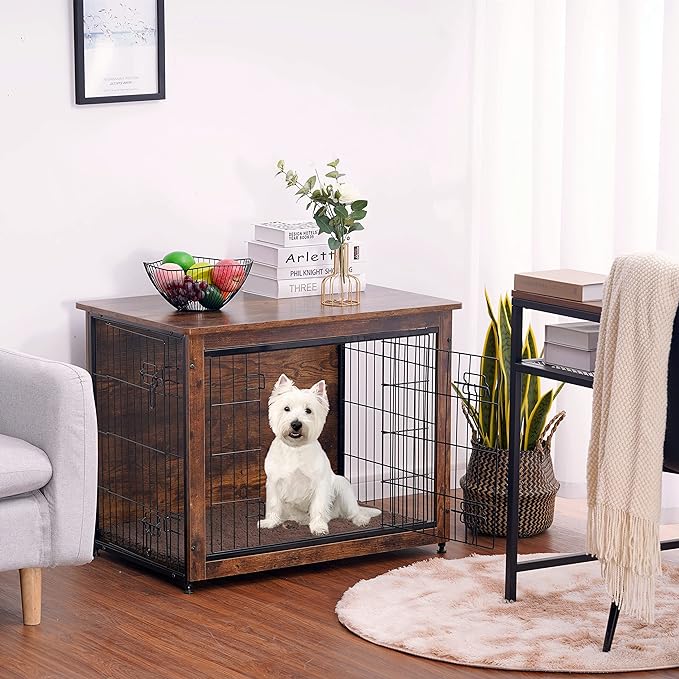 DWANTON Dog Crate Furniture with Cushion, Wooden Kennel Table with Double Doors, Indoor Dog House, Small/Medium/Large/Extra Large Size, 27.2" L, Rustic Brown-PawvioPets