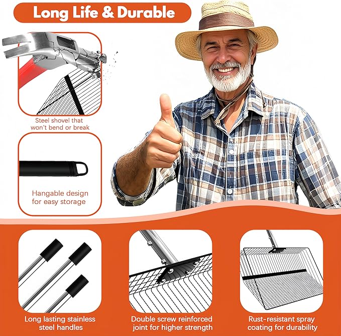 15inch Large Chicken Poop Scooper, 2 Slot Widths (0.16"&0.28"), 39" to 76" Adjustable Stainless Steel Handle, Sifting Litter Shovel for Chicken Coop/Stables/Farm Cleaning(with Effortless Grip)-PawvioPets