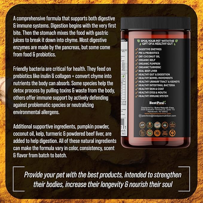 Dog & Cat Premium Probiotic Prebiotic & Digestive Enzymes 5 Billion CFU Organic Turmeric Coconut Oil Pure Pumpkin & Kelp for Healthy Bowels Gut & UTIs Beef Liver Flavor-PawvioPets