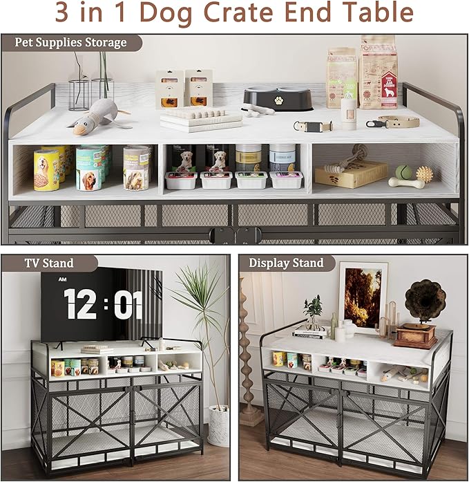 Dog Crate Furniture, 48" Heavy Duty Wooden Dog Crate End Table, XL Dog Kennel Furniture Large Breed, Decorative Dog Kennel Indoor with 3 Drawers & Steel Tube 48"L x28"W x36"H (White and Black)-PawvioPets