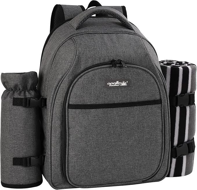 apollo walker Picnic Backpack Bag for 2 Person with Cooler Compartment, Detachable Bottle/Wine Holder, Fleece Blanket, Plates and Cutlery Set (2Person,Grey)-PawvioPets