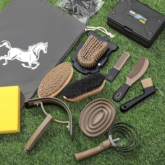 Abbylike 12 Pieces Horse Grooming Kit Racing Festival Tack Room Supplies Horse Brush Sets Equine Care Cleaning Kit Shedding Grooming Massaging Tools(Dark Gray)-PawvioPets