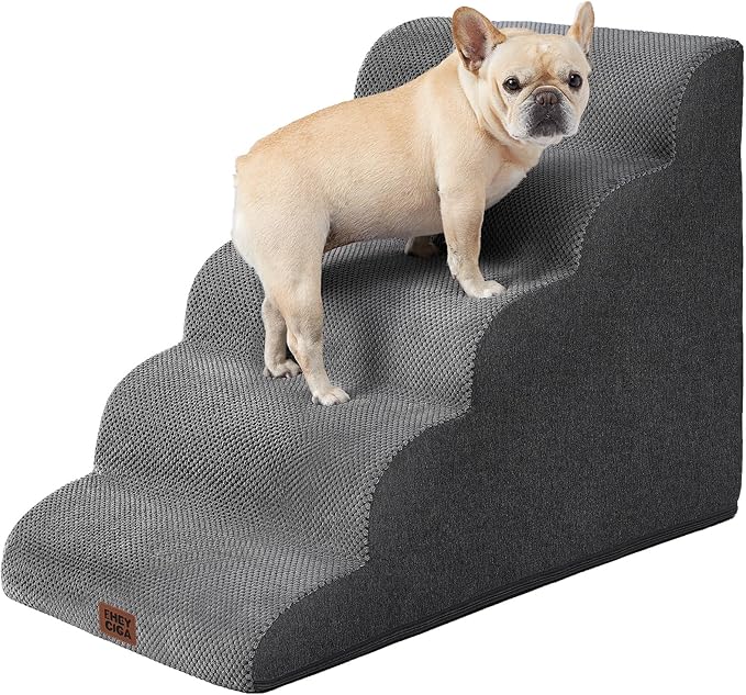 EHEYCIGA Curved Dog Stairs Ramp for High Beds, 5-Step Extra Wide Dog Steps for Small Dogs and Cats, Pet Stairs for High Bed Climbing, Non-Slip Balanced Pet Step Indoor, Grey-PawvioPets