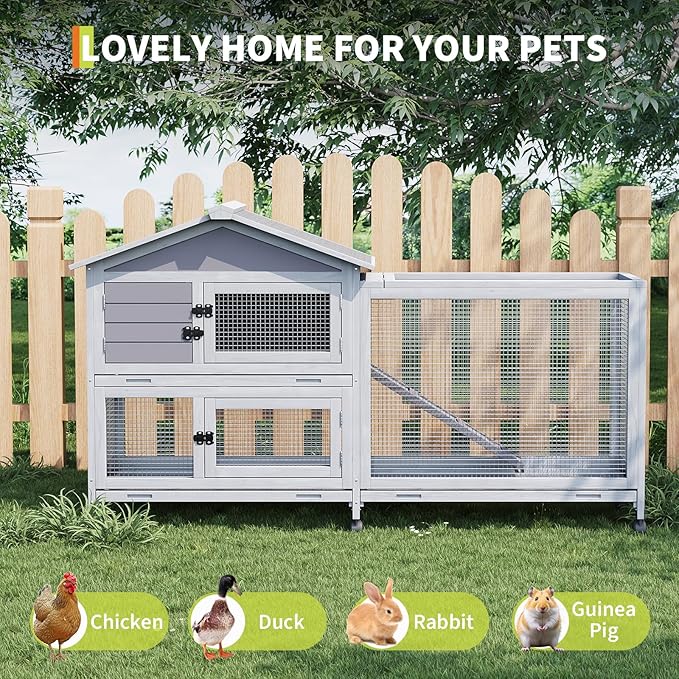 2-Tier Rabbit & Chicken House Mobile,Wooden Chicken Coop & Bunny Cage with Non-Slip Ramp, 4 Doors,Waterproof Roof & Pull-Out Tray,Outdoor/Indoor Pet Cage Movable-PawvioPets