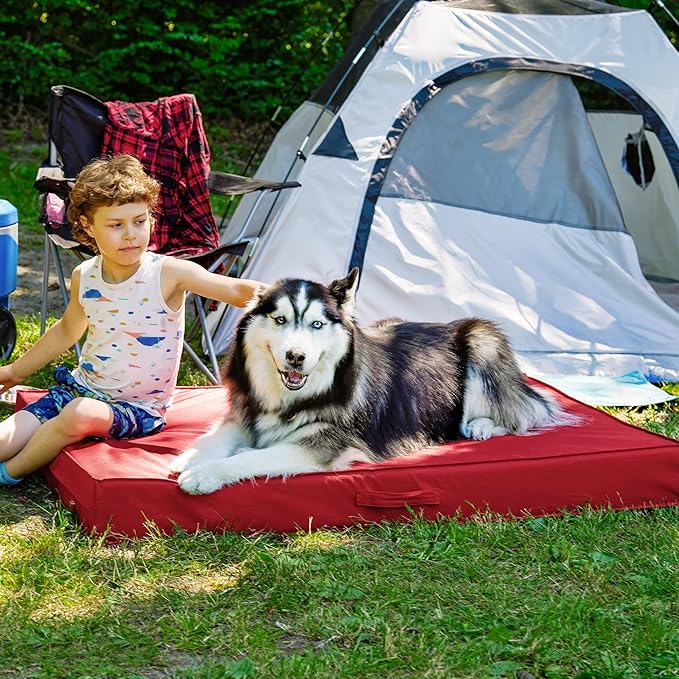 FurHaven Cooling Dog Bed – XXL Foam Mattress for Joint Pain Relief, Waterproof Liner, Removable Washable Cover, Durable for Outdoor Use, Deluxe Grid Indoor/Outdoor Bed – Red, Jumbo Plus-PawvioPets