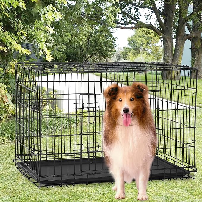 FDW Extra Large Dog Crate Dog Kennel Cage with Double Door,48 inch Folding Metal Wire Dog Cage with Removable Tray&Divider Panel,Pet Crate for Large Dogs,Black-PawvioPets